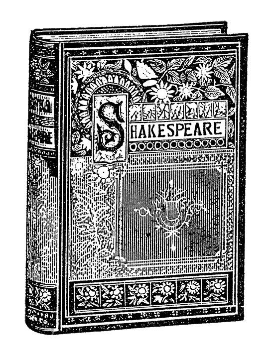 A black and white drawing of a book by shakespeare