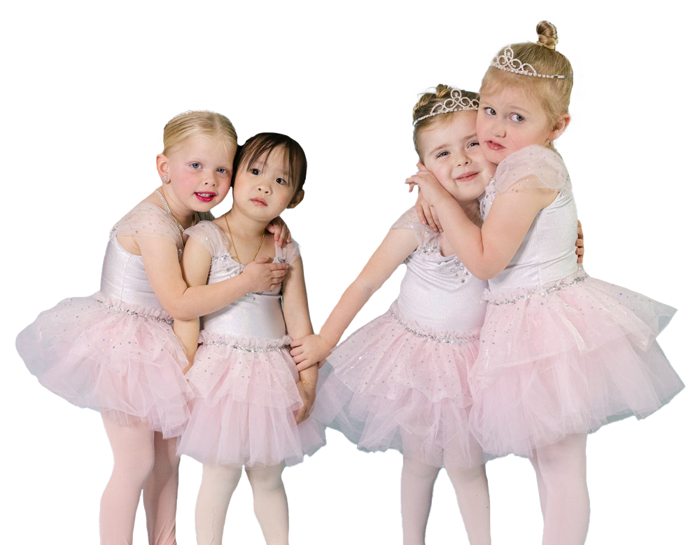 Four little girls in pink tutus and tiaras are hugging each other.