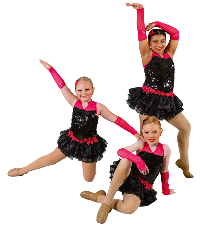 Three young girls in black and pink costumes are dancing