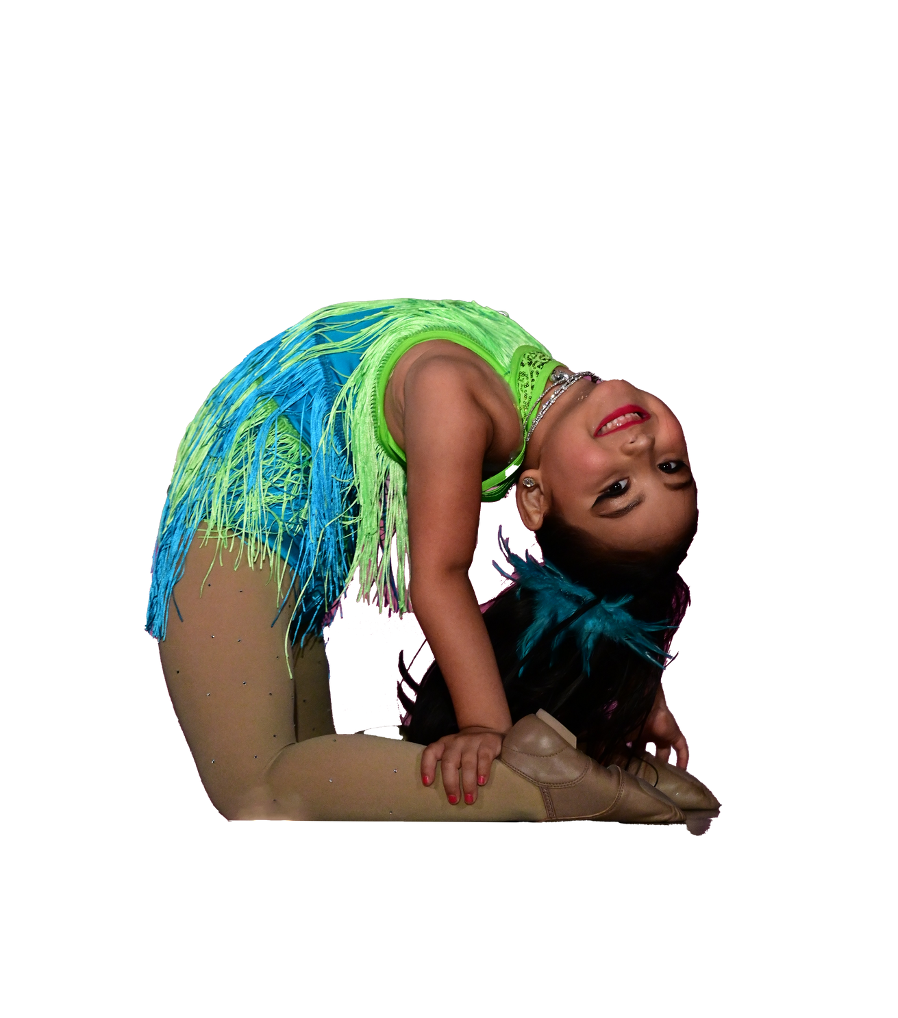 A little girl in a blue dress and white shoes is dancing.