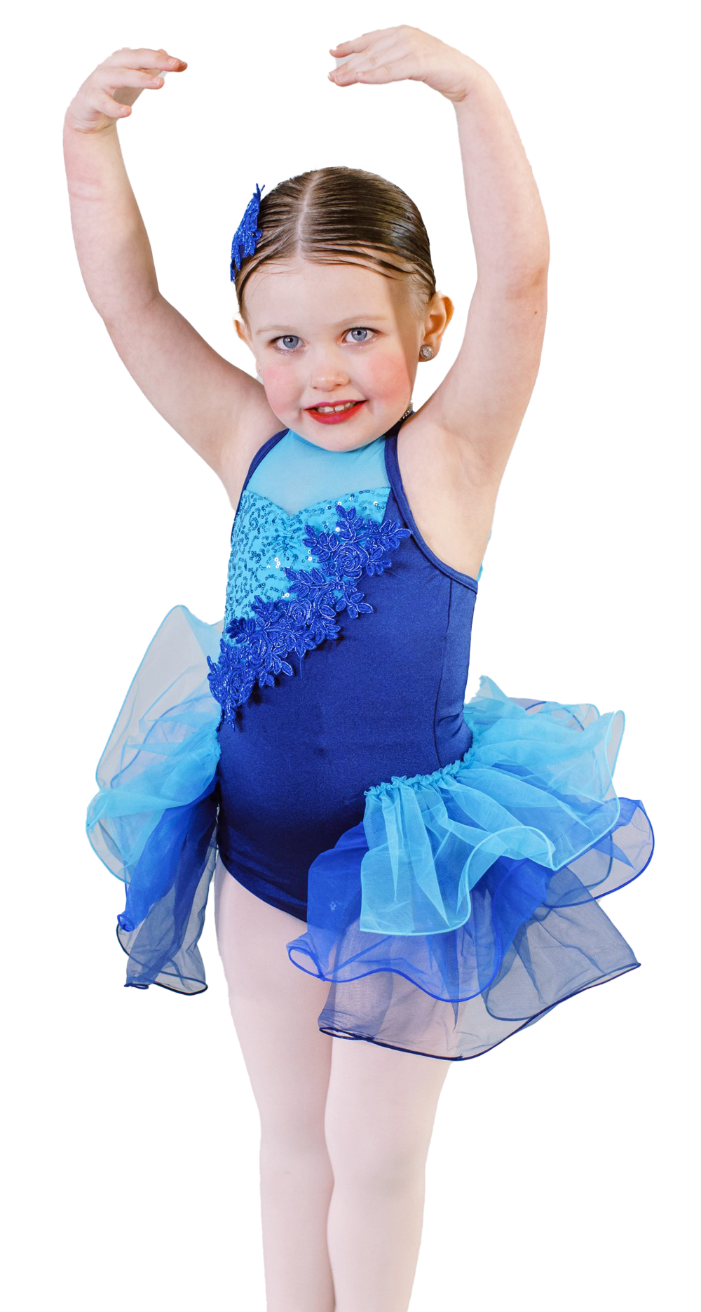 A little girl is wearing a blue leotard and a blue tutu.