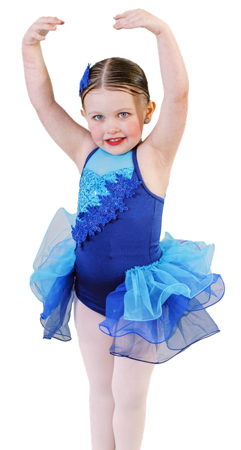 A little girl is wearing a blue leotard and a blue tutu.