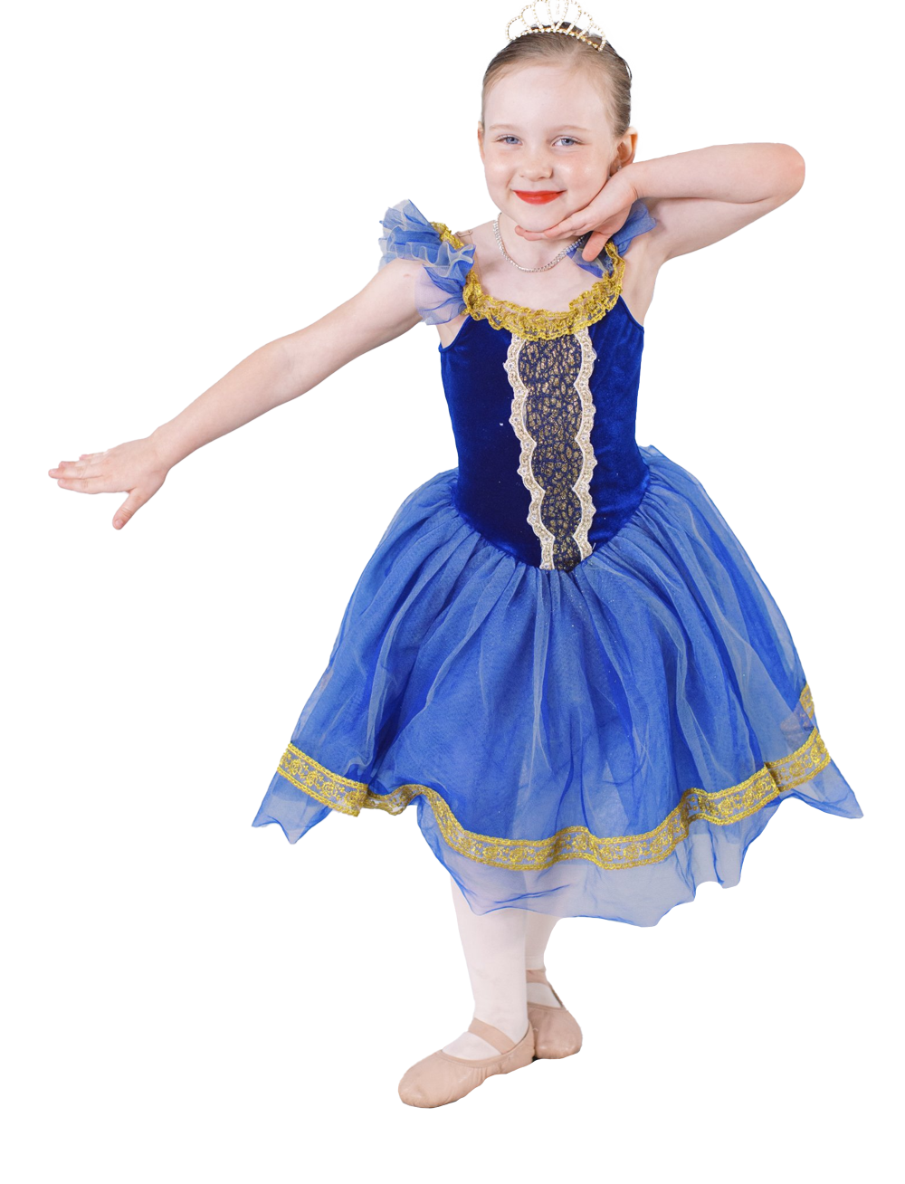 A little girl in a blue dress and white shoes is dancing.