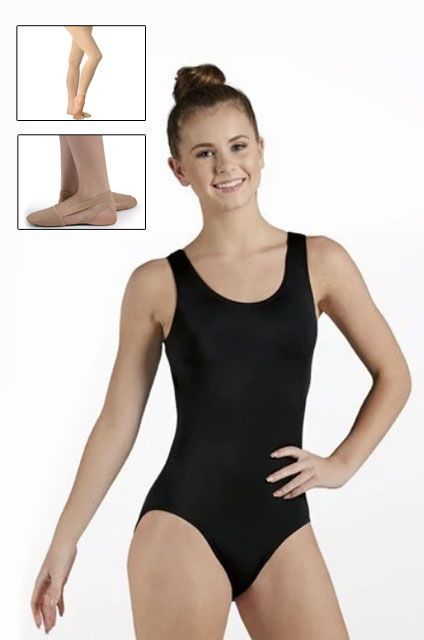 A woman in a black leotard is standing with her hands on her hips.