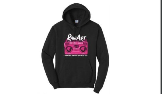 A black hoodie with a pink boombox on it