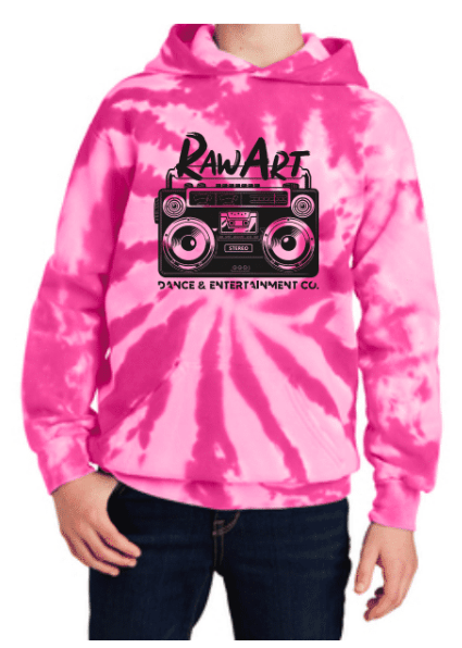 A person wearing a pink tie dye hoodie that says raw art