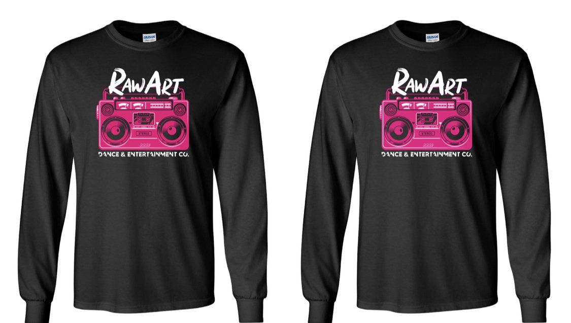 Two black long sleeve shirts with a pink boombox on them.