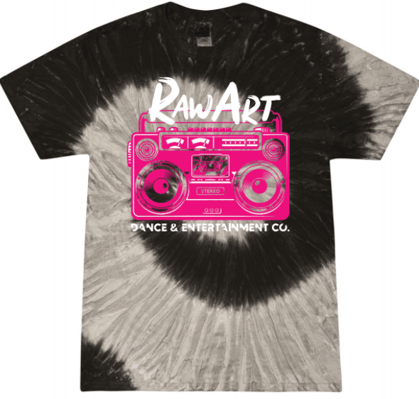 A black tie dye t-shirt with a pink boombox on it