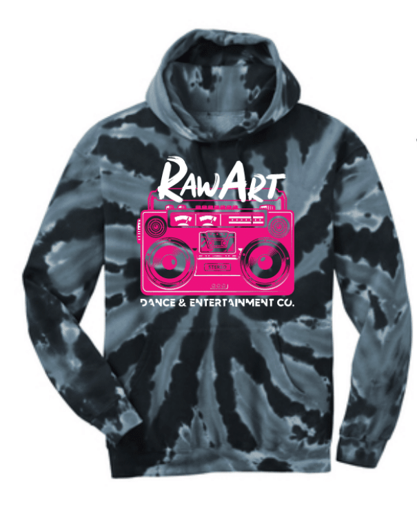 A tie dye hoodie with the word rawart on it
