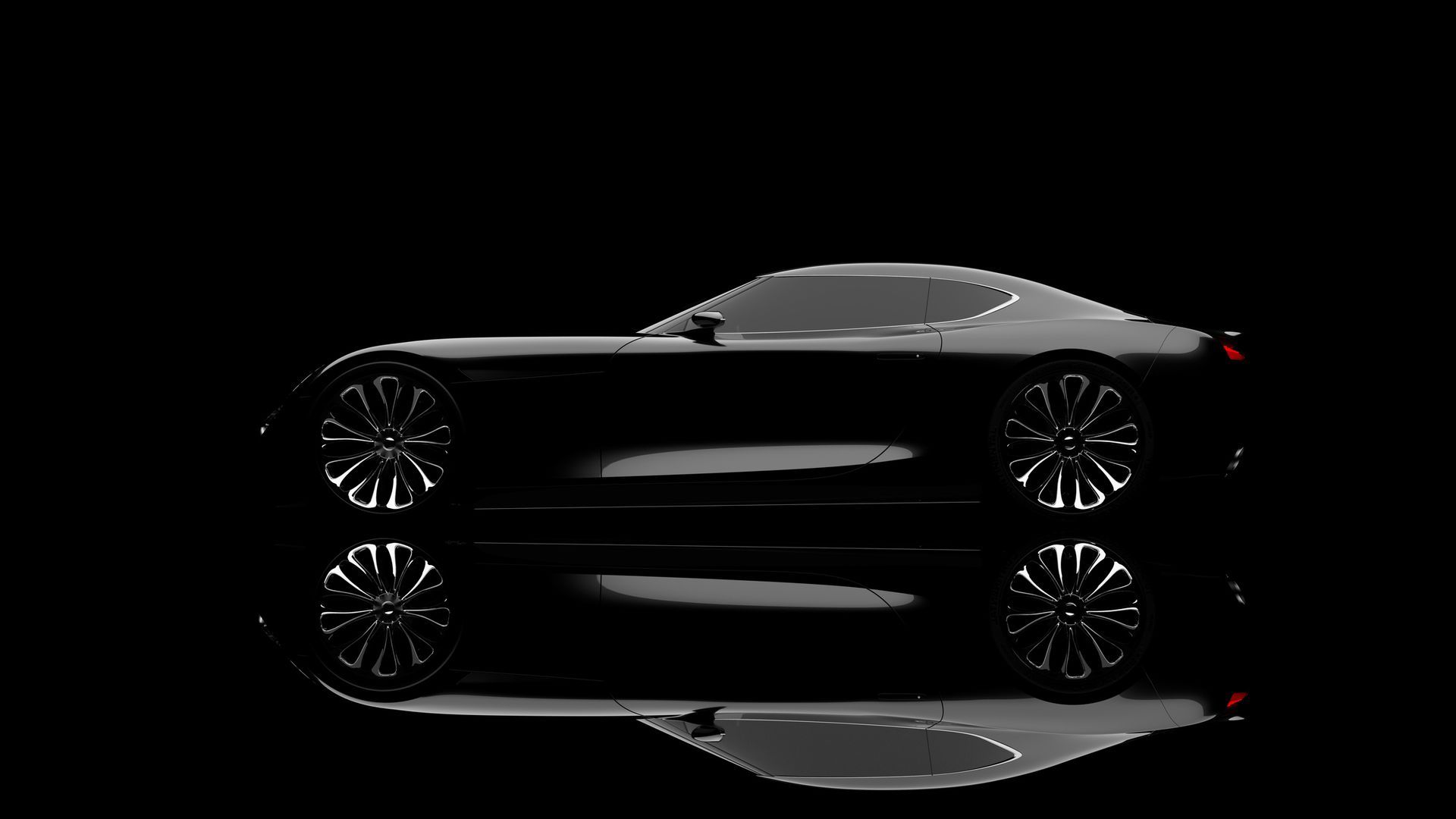 A black car is reflected in the water on a black background.