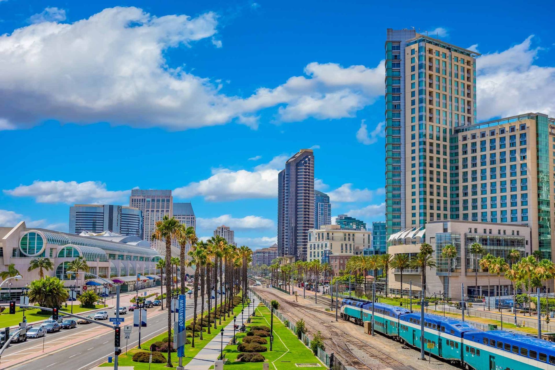 San Diego cityscape with palm trees, train, and buildings under a blue sky with white clouds.