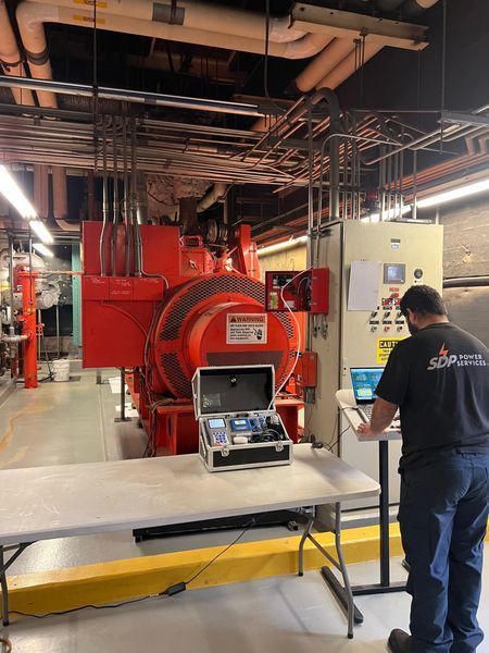 Man using laptop near red industrial equipment in a facility. Case with testing equipment on table.