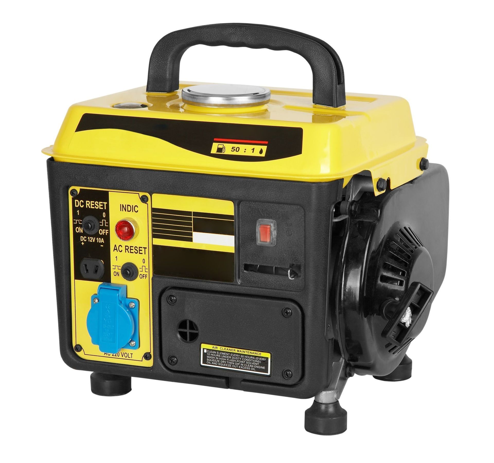 Yellow and black portable generator with a handle, outlet, and engine.