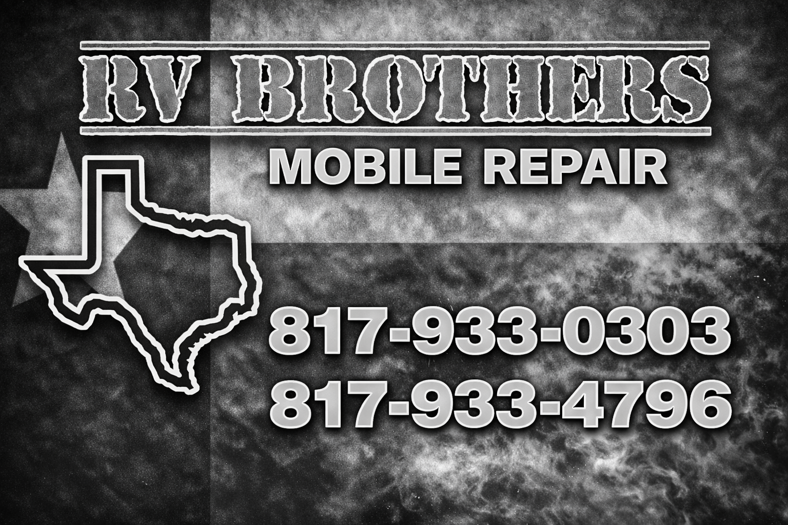 RV Brothers Mobile Repair ad with Texas flag background and two phone numbers.