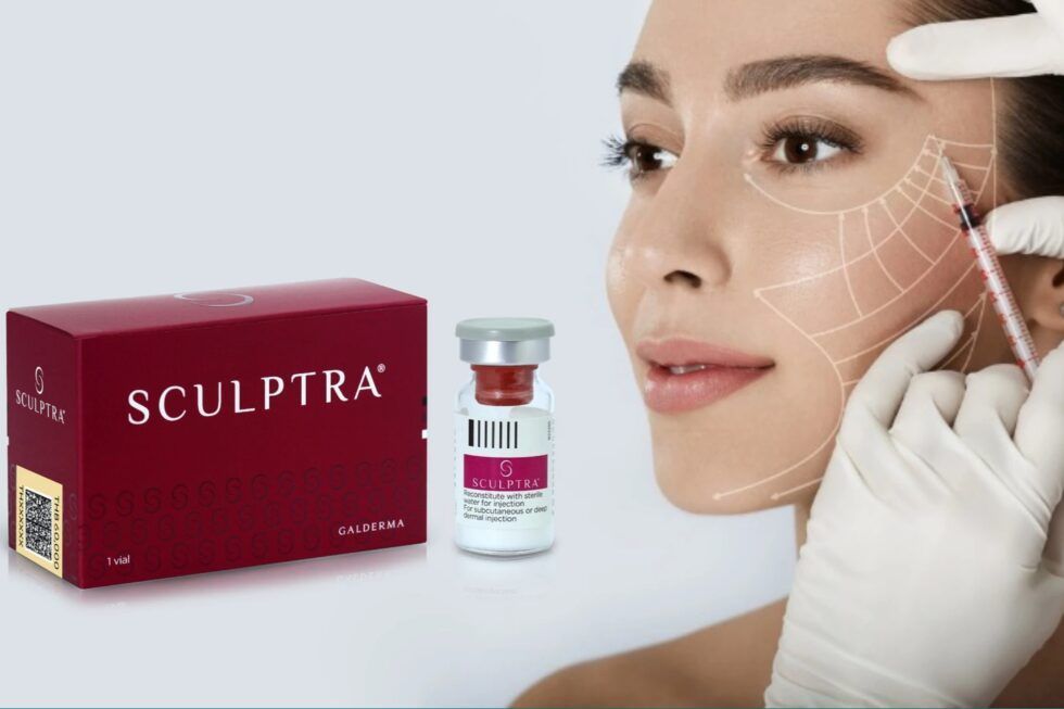 Sculptra bottle with packaging and a model displaying treatment areas on the face.