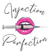 Pink lips holding a syringe. Injection Perfection Logo