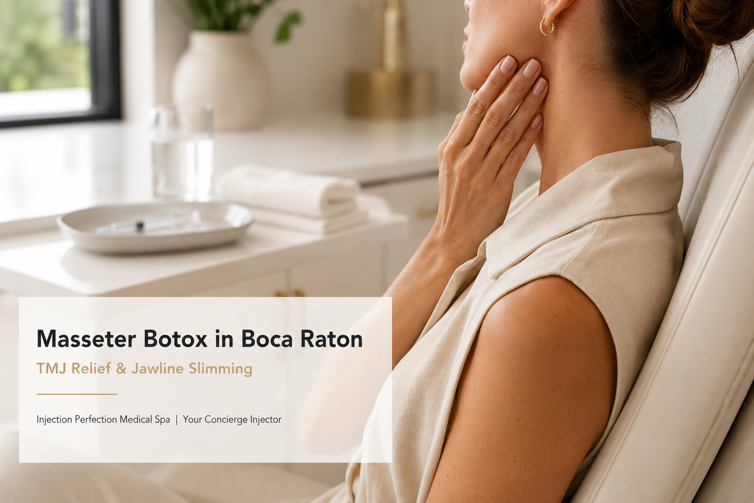 Woman in upscale medical spa consultation gently touching jawline before masseter Botox.