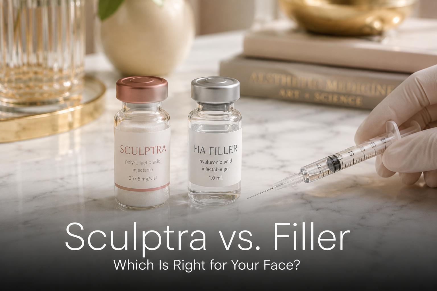 Sculptra and dermal filler vials on marble surface
