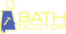 Bath Doctor logo with blue house and yellow text, plus yellow faucet and heart-shaped line