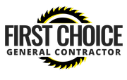 Logo for First Choice General Contractor: black text with saw blade graphic.