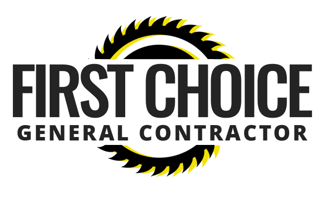 Logo for First Choice General Contractor: black text with saw blade graphic.