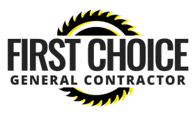 Logo for First Choice General Contractor: black text with saw blade graphic.