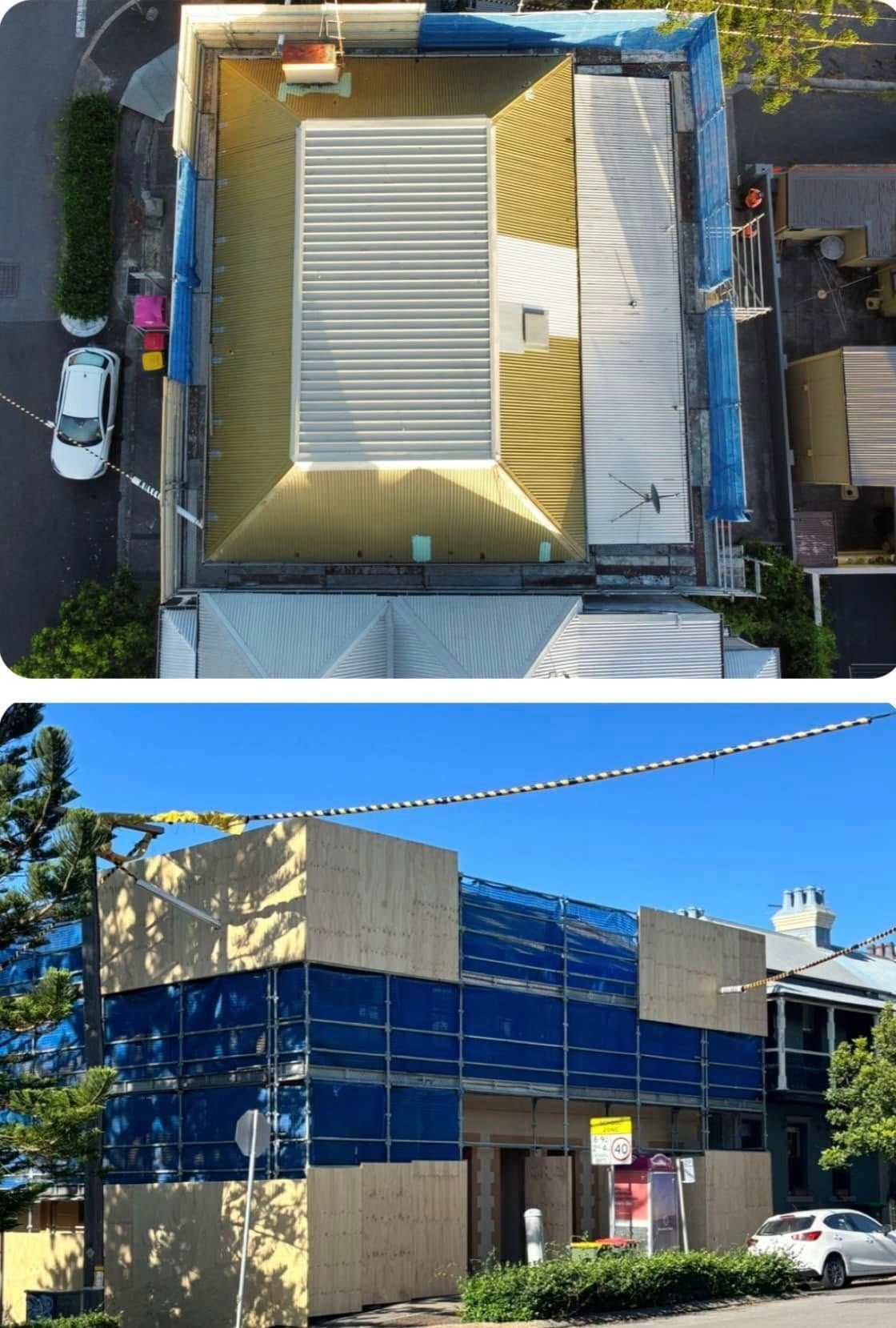 Top-down and Street-level Views of a Building Under Renovation, With Scaffolding, Blue Mesh — Your Craftsmen in Eleebana, NSW