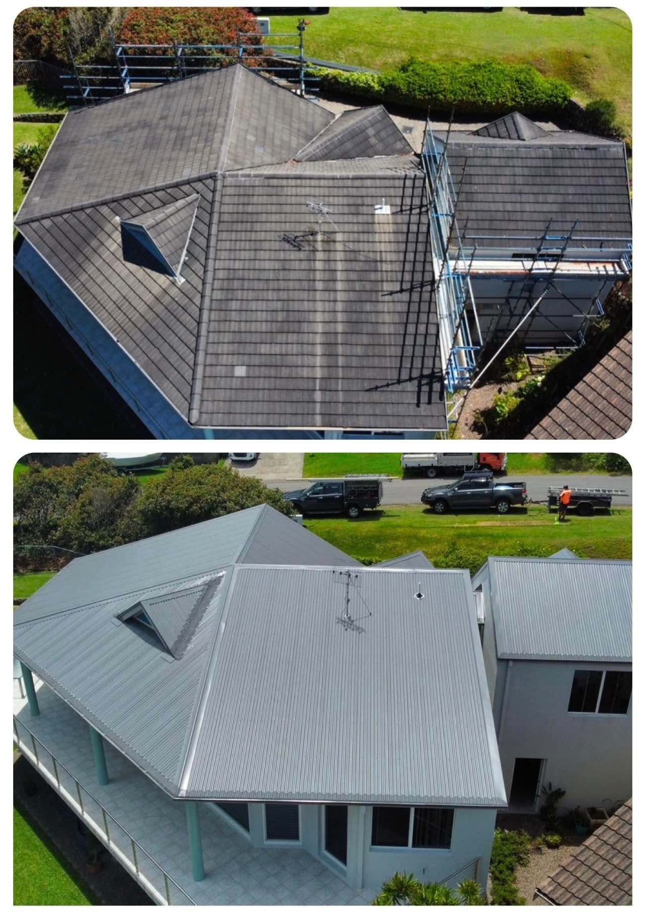 Grey Tile Roof. Bottom: New, Light Grey Metal Roof — Your Craftsmen in Eleebana, NSW