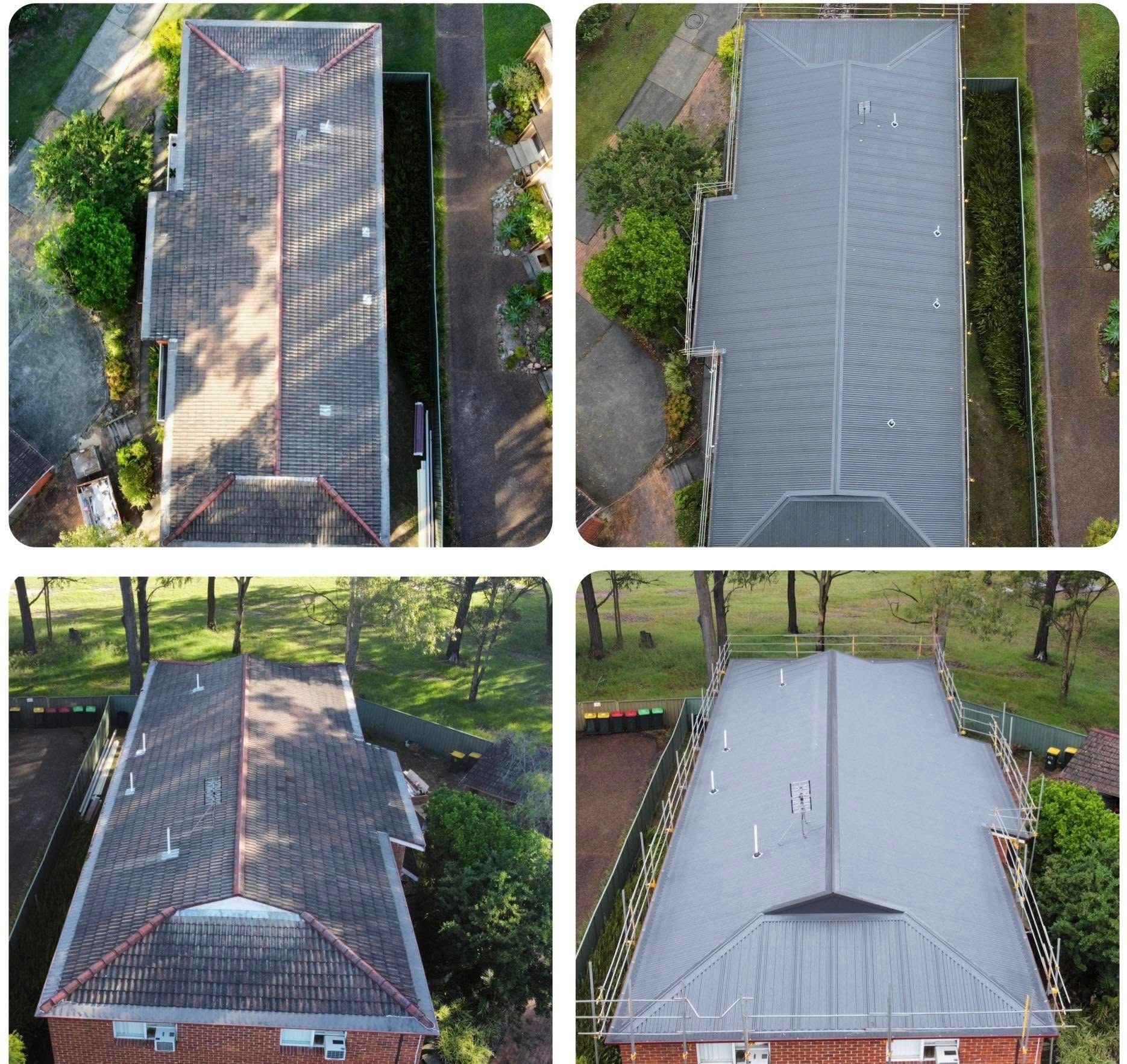 Four Overhead Views of a Building's Roof Old Tiles to New Roofing — Your Craftsmen in Eleebana, NSW