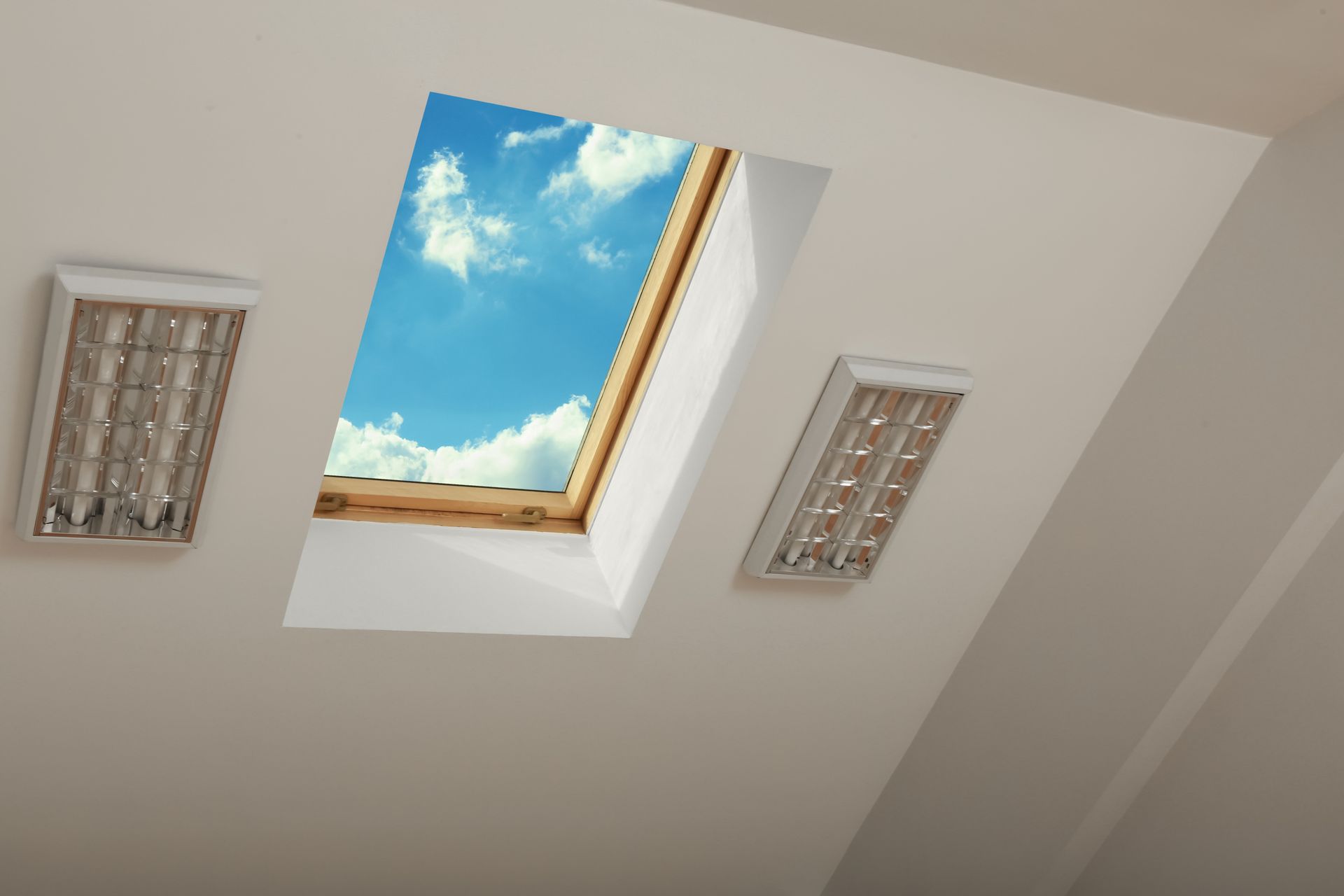 Angled Ceiling With a Skylight Showing Blue Sky and Two Rectangular Lights — Your Craftsmen in Eleebana, NSW