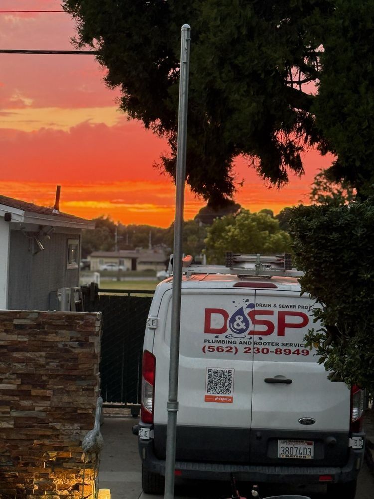 White service van with D&P logo parked at sunset beside a house and trees