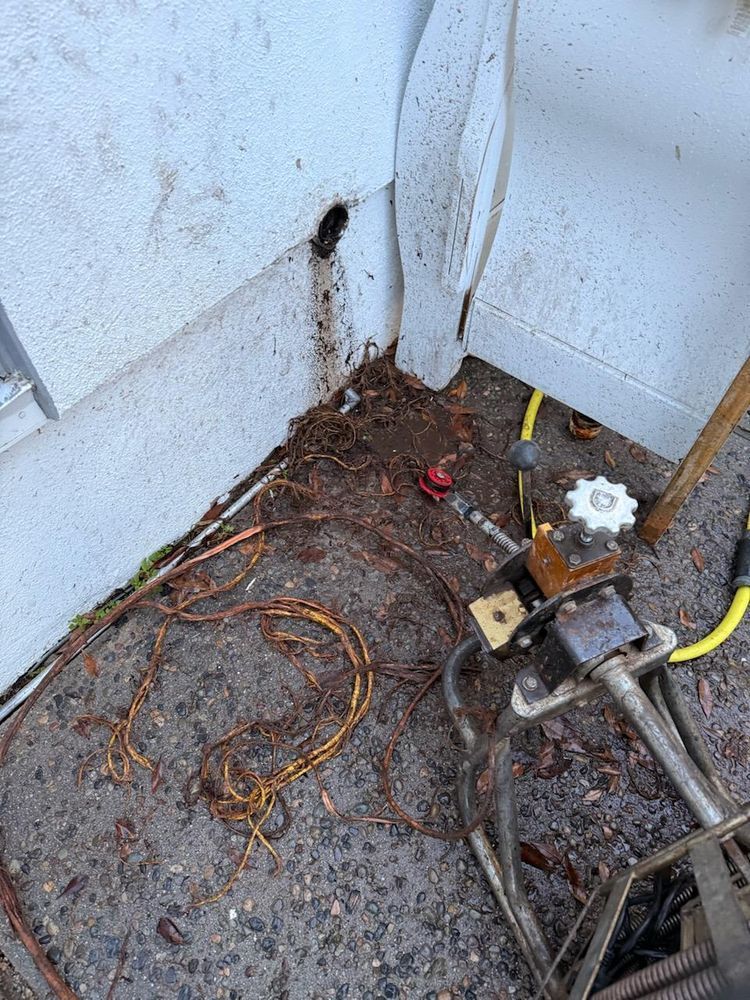 Dirty corner with tangled wires, debris, and exposed pipes on a stained floor