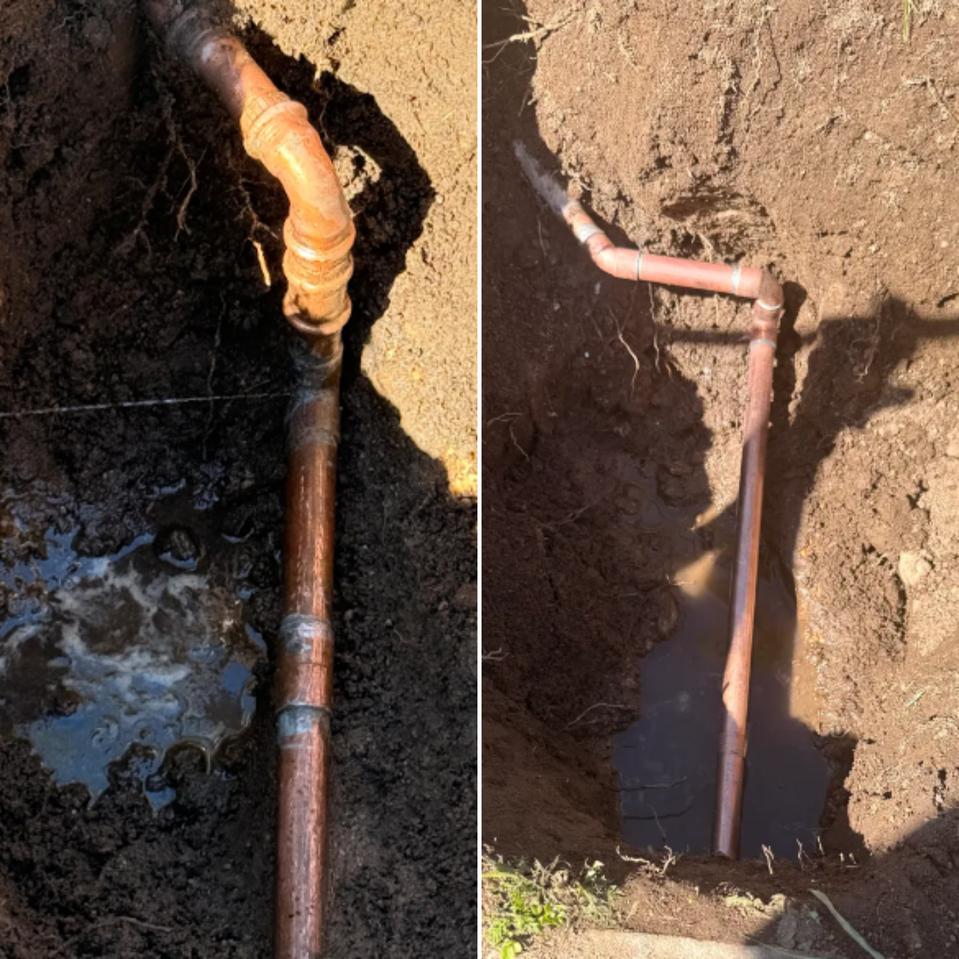 Two views of a rusty underground pipe exposed in dirt, with water leaking from the left side.