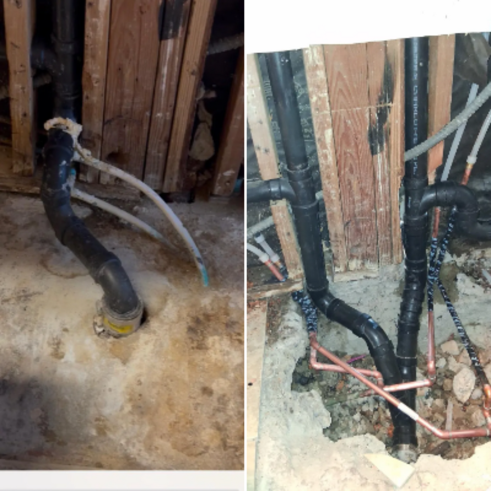 Damaged plumbing pipes protruding from a concrete floor in an unfinished wall cavity