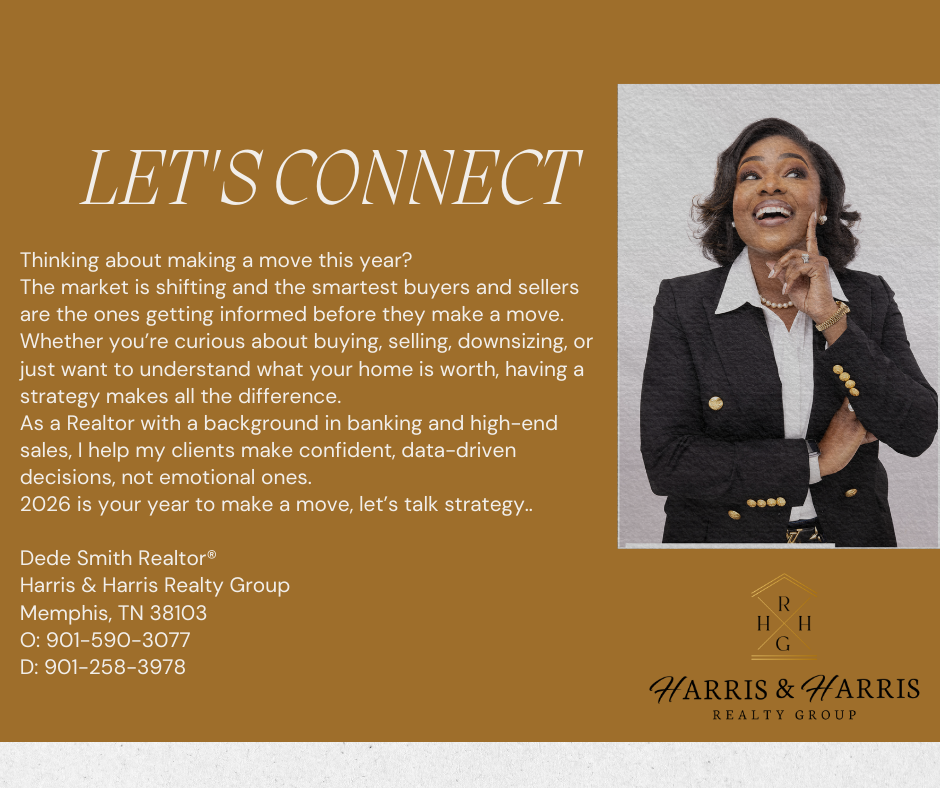 Real estate advertisement. Smiling woman points upwards, text on a golden background.