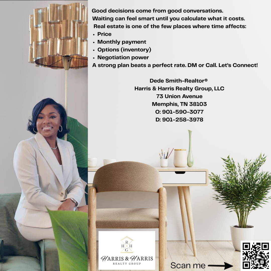 Real estate agent ad. Woman in suit, desk, text about costs, QR code, Memphis address.