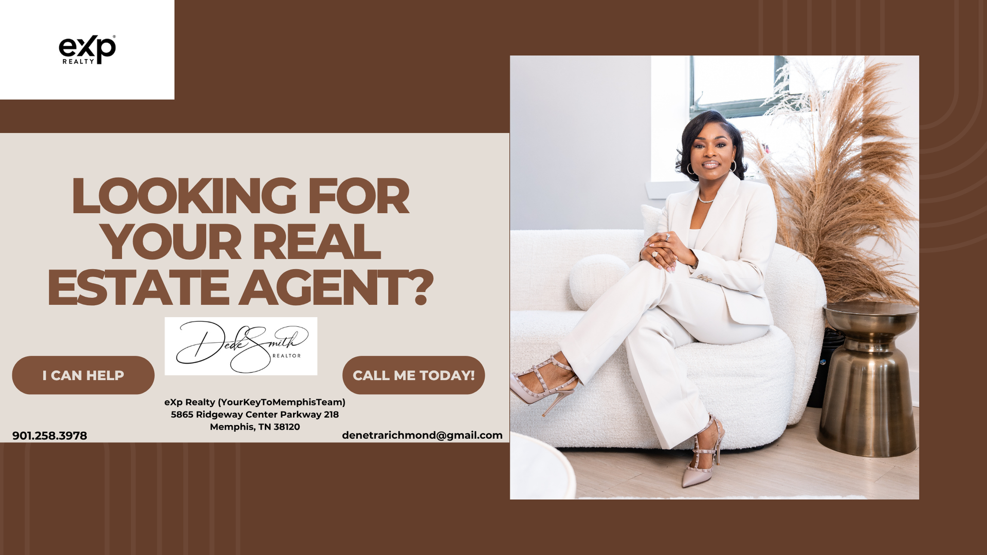 Real estate promo with beige and brown layout and a woman seated in a white chair beside pampas grass