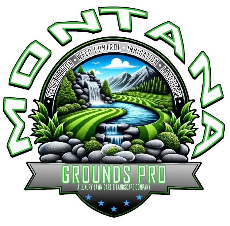Logo: Montana Grounds Pro, showing a scenic landscape with a waterfall and green fields.