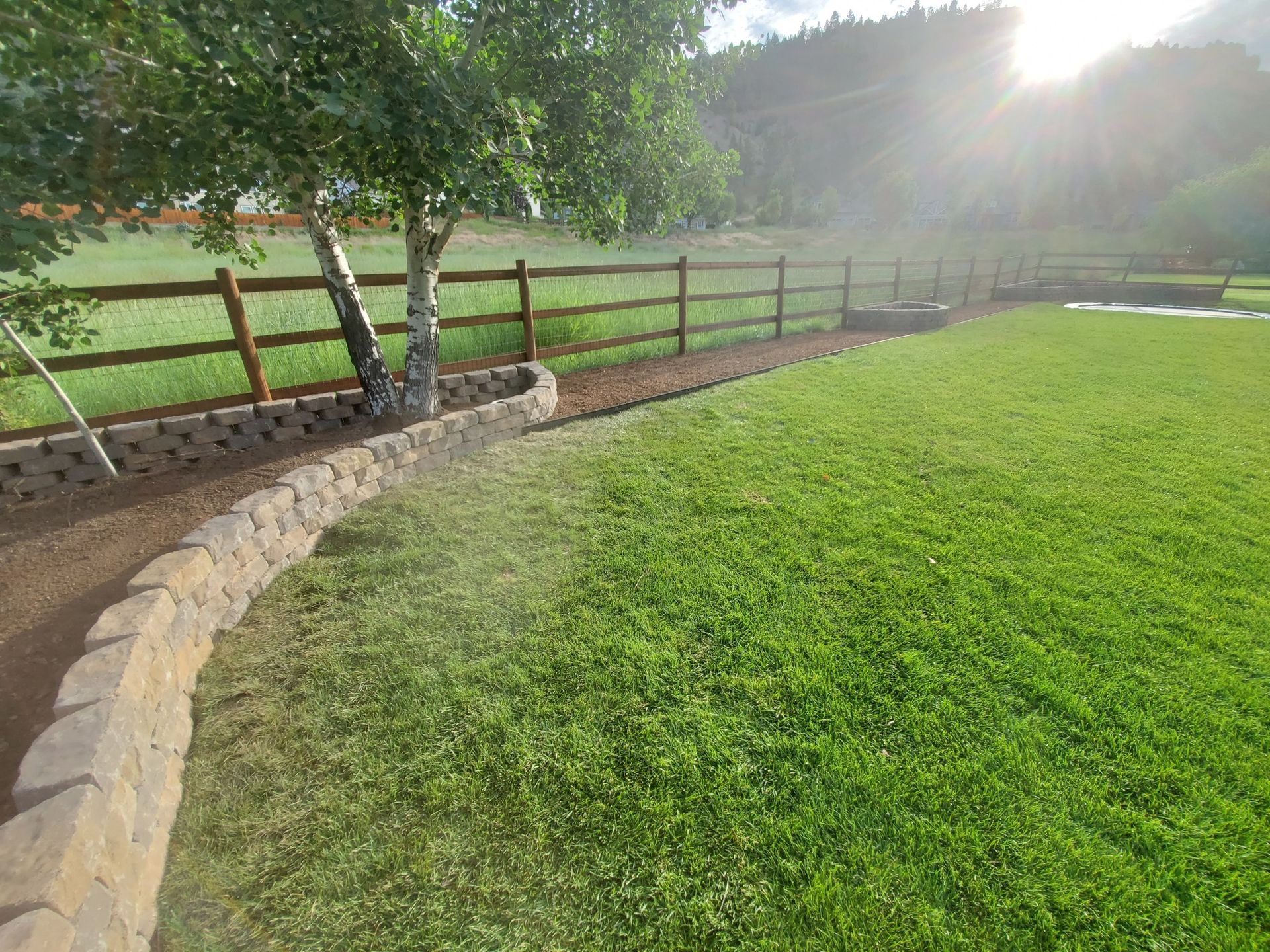 Lush green lawn with a stone border and wooden fence. Trees on the left, sun shining in the distance.