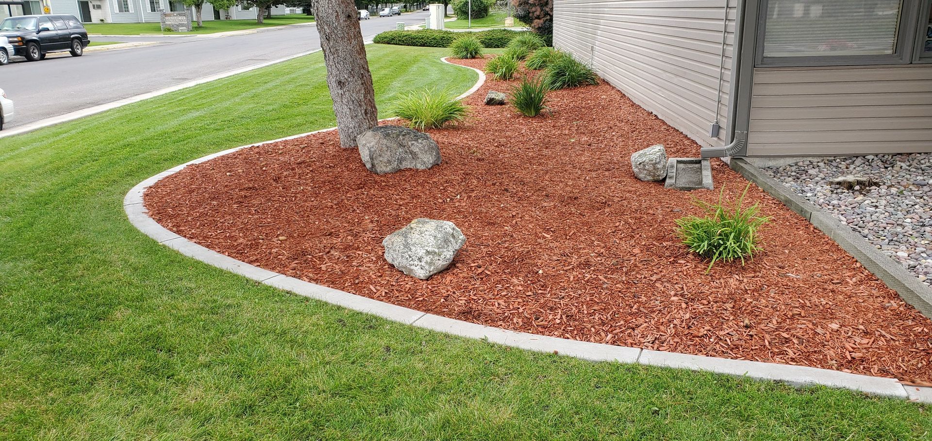 A landscaped area with red mulch, rocks, and green plants, bordered by a concrete edge and grass.