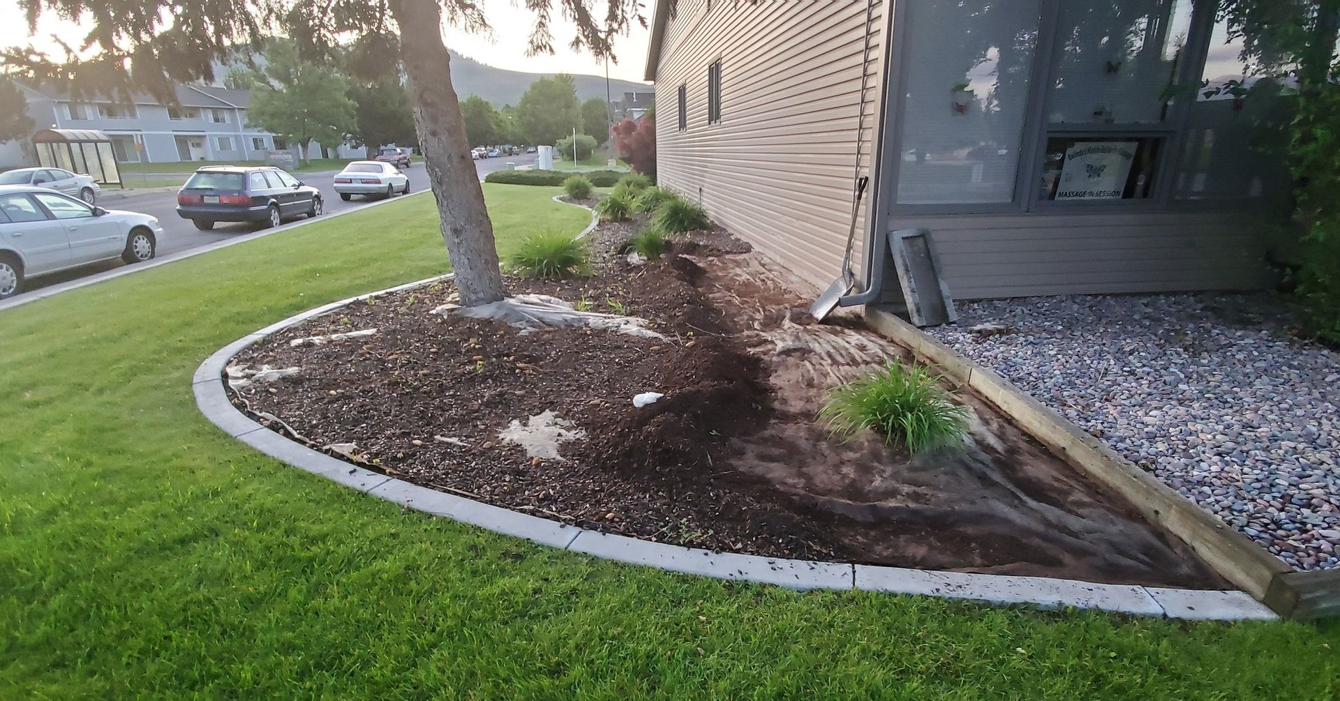 A grassy yard borders a brown mulched garden bed with green plants near a building. A tree stands in the garden.