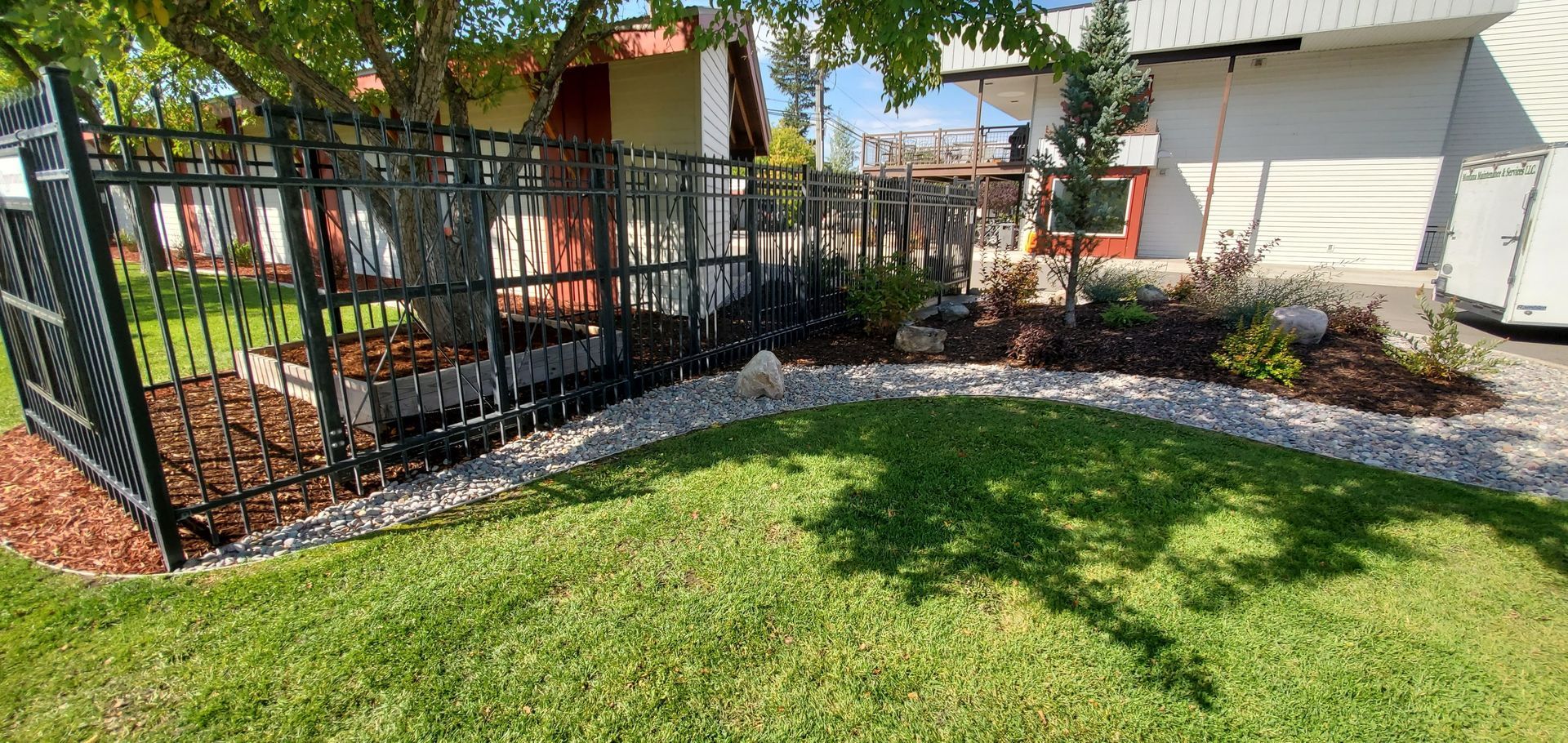 Lawn, garden bed with dark mulch and small white rocks border, black metal fence around a tree.