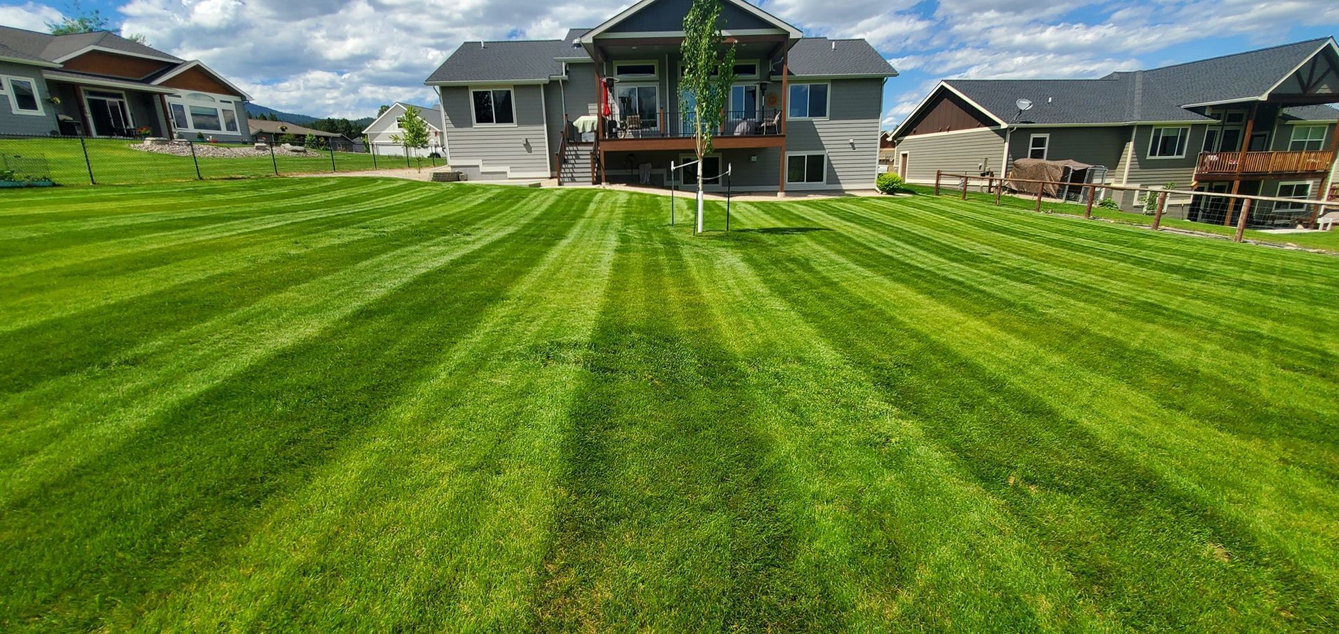 Green lawn with stripes in front of a house and blue sky.