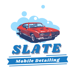 A logo for slate mobile detailing with a red car
