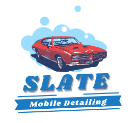 A logo for slate mobile detailing with a red car