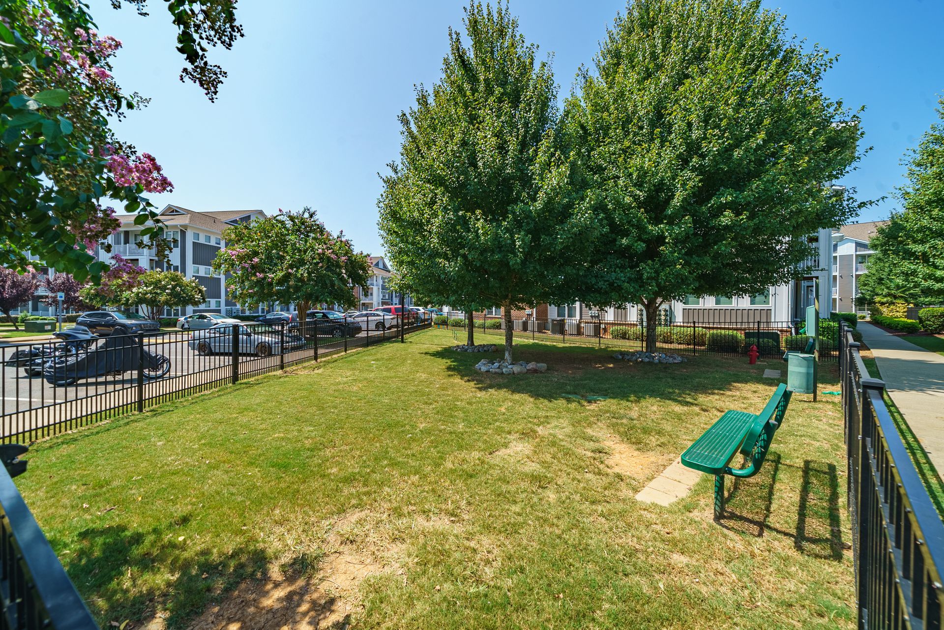 A grassy dog park with a green bench, trees, and a black fence, in front of an apartment complex at Willows at Fort Mill, offers 1,2, and 3 bedroom apartments for rent near Kingsley Town Center in Fort Mill, SC.