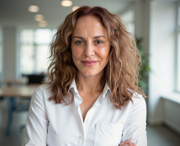 A woman with a warm smile in nature.