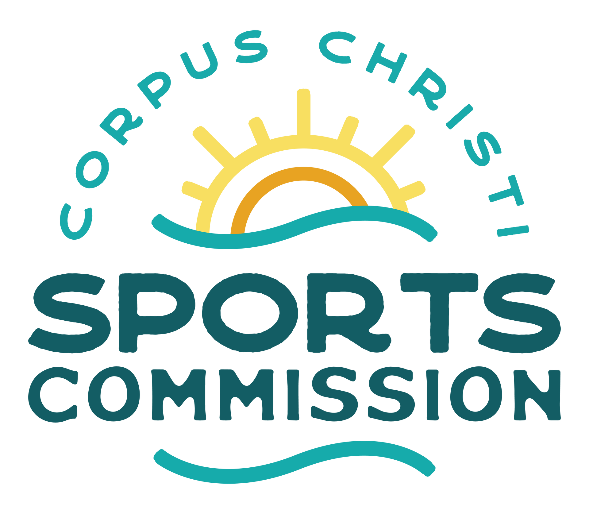 The logo for the corpus christi sports commission shows a sun and waves.