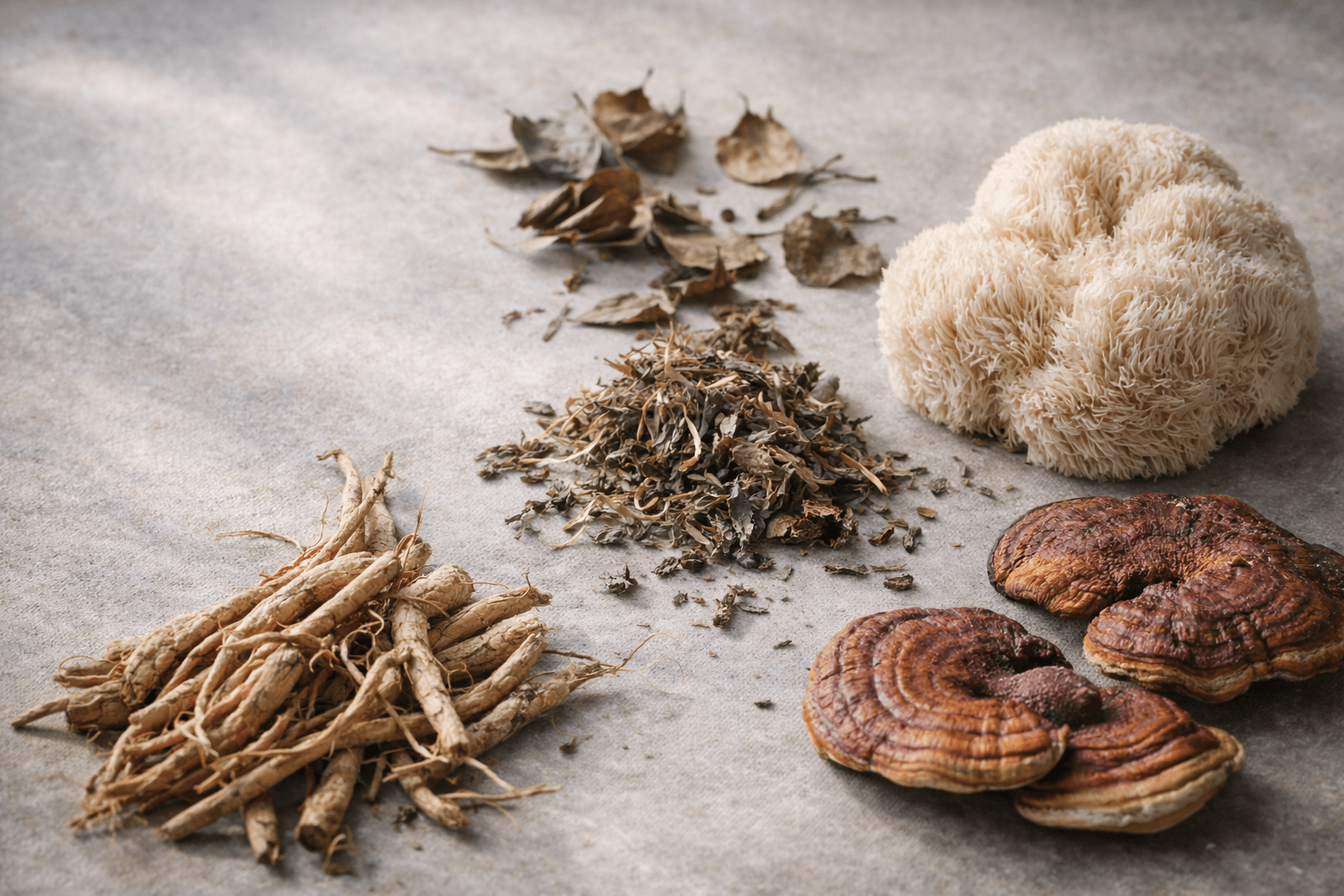 Selección de hongos medicinales y plantas adaptógenas frescas sobre una mesa de madera de laboratorio.