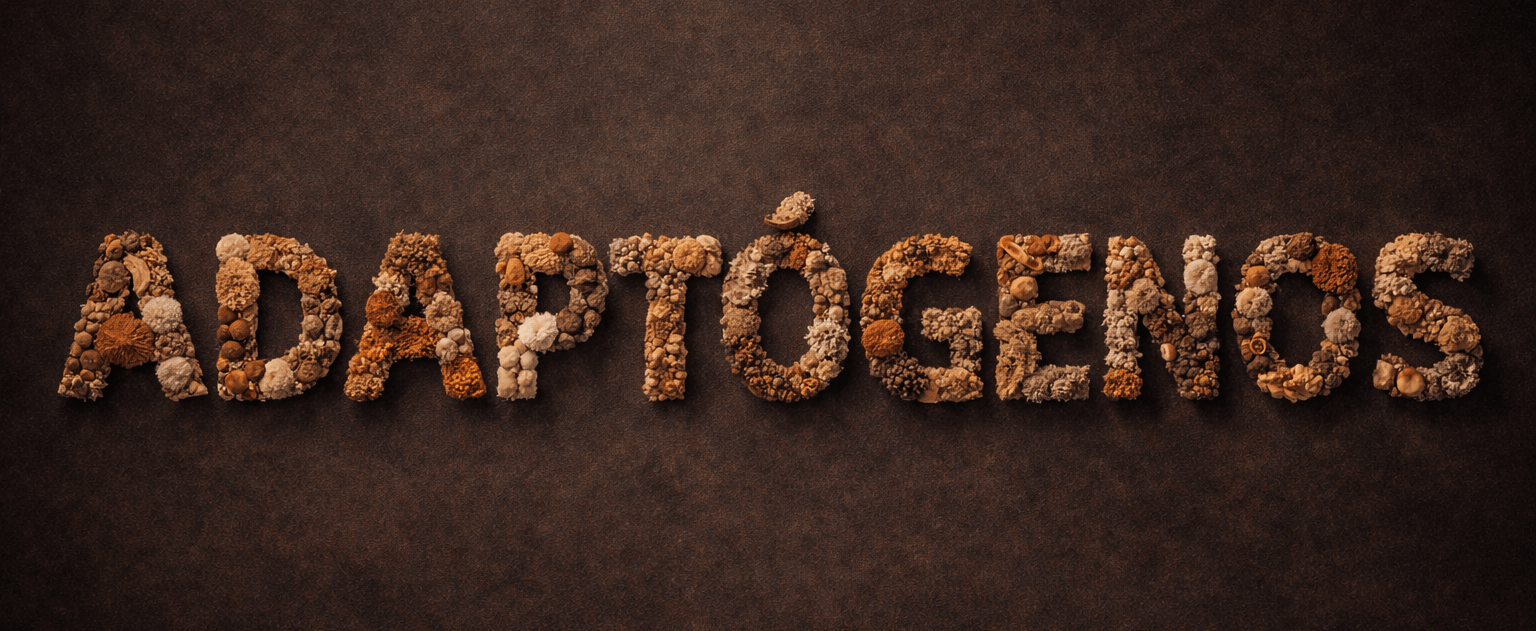 Título creativo con la palabra Adaptógenos formada por ilustraciones de hongos y plantas medicinales.